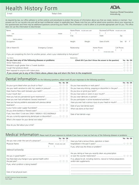 Ada Health History Form Printable Printable Forms Free Online