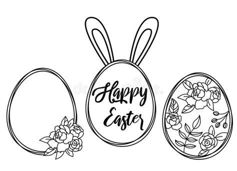 Happy Easter Outline Eggs With Flowers And Bunny Ears Decor Stock