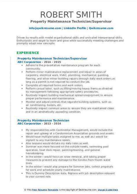 Are you having difficulties writing your resume? Property Maintenance Technician Resume Samples | QwikResume