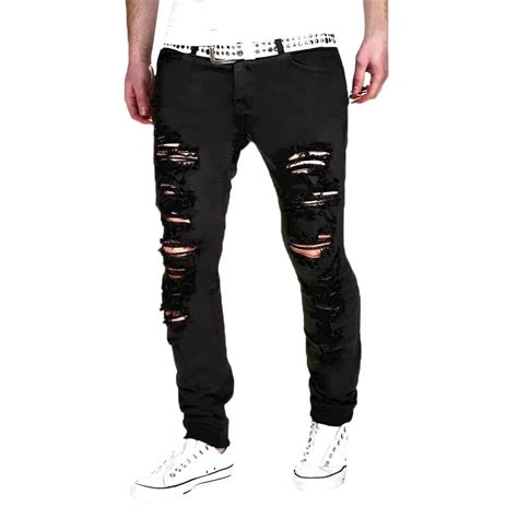 New Ripped Jeans For Men S Stretchy Ripped Skinny Black Biker Jeans Destroyed Taped Slim Fit