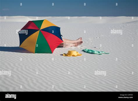 Beach Umbrella Sand Dune Naked Woman Sun Bathing White Sands National Monument New Mexico