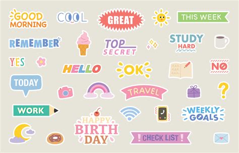 Cute Diary Sticker Design Set Flat Vector Illustration 13001481