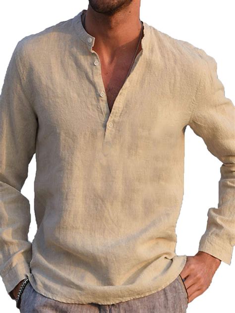 Clothing Shoes And Jewelry Mens Casual Long Sleeve Stand Collar Linen