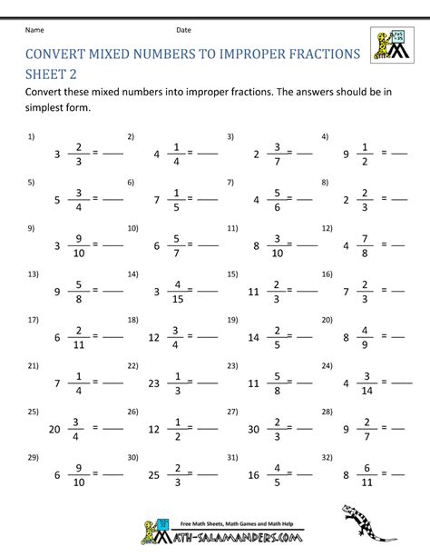 Converting Mixed Numbers To Improper Fractions Printable Worksheets
