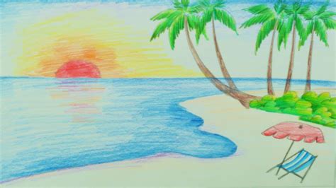 How To Draw A Scenery Of Sea Beach Draw Beach Scenery