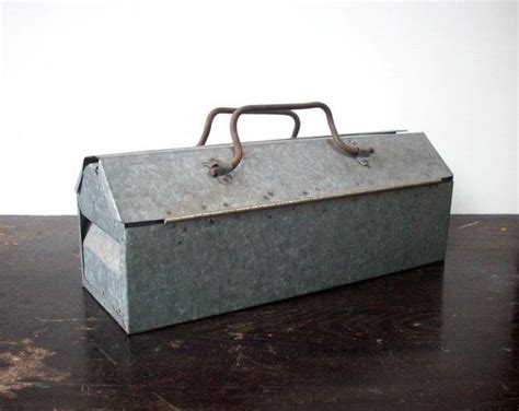 Vintage heavy homemade wood tool box with metal hardware 15x10x12 5. Vintage Galvanized Metal Handmade Tool Tote / Small ...