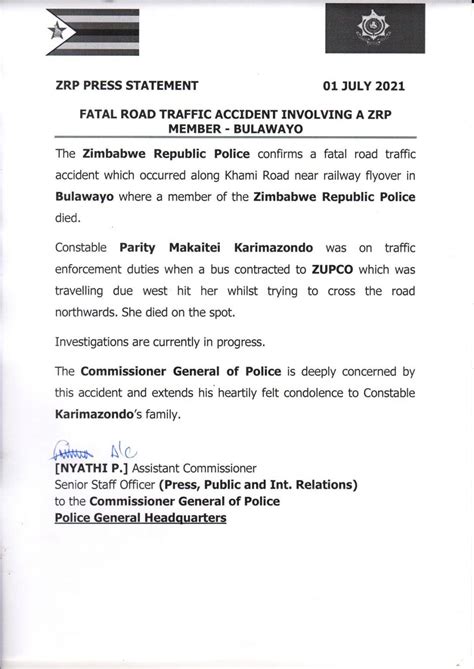 Zrp Releases Name Of Female Police Officer Who Got Run Over By Zupco Bus At Roadblock