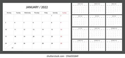 Calendar 2022 Week Start Monday Corporate Stock Vector Royalty Free