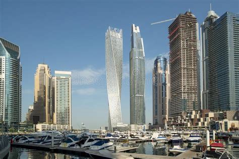 View With Modern Skyscrapers And Water Pier Of Dubai Marina Skyline Of