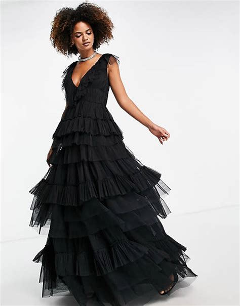 Lace And Beads Tiered Tulle Maxi Dress In Black Asos