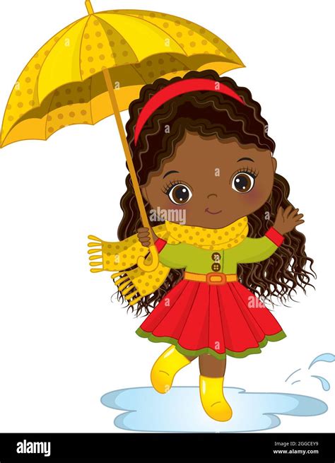 Cute Little African American Girl Running In Puddles Holding Umbrella