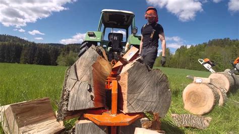 Making Firewood Stihl Ms880 Deutz D5506 And Balfor Tracktor Mounted Wood Splitter Youtube