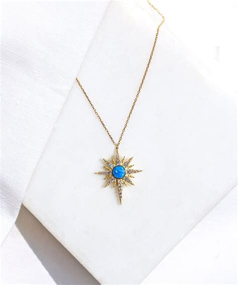 14K Gold Plated Blue Opal North Star Necklace Sterling Silver Etsy