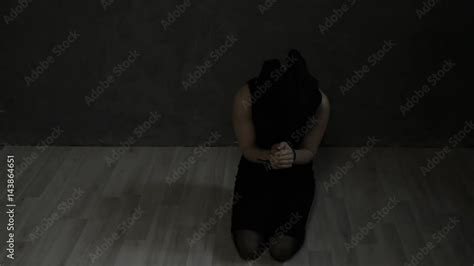 Frightened Crying Girl Gagged Lies On The Floor With Tied Hands Linen
