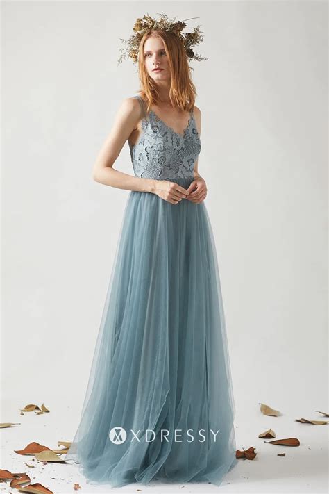 dusty blue lace tulle v neck a line maid of honor dress xdressy