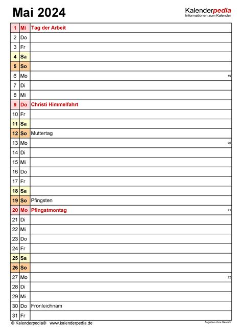 Kalender Mai 2024 Als Pdf Vorlagen