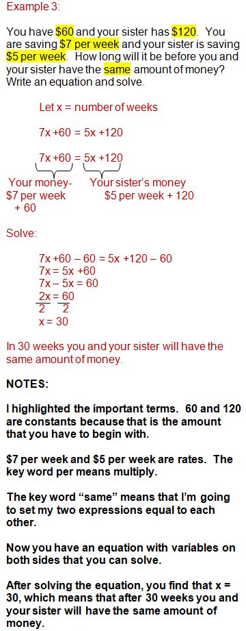 Solving Equations Word Problems Notes