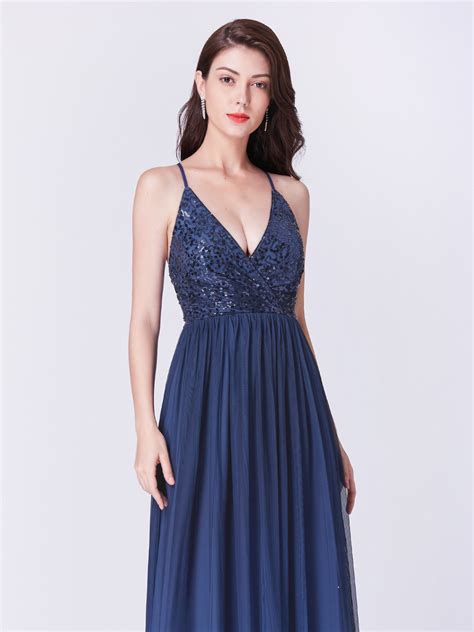 Ever Pretty V Neck Sequin Long Evening Prom Dresses Navy Blue Formal