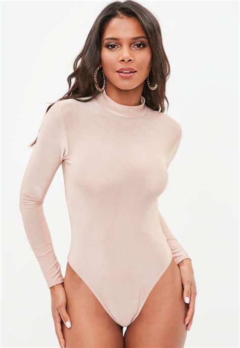 Lyst Missguided Pink Long Sleeve Slinky High Neck Bodysuit In Pink
