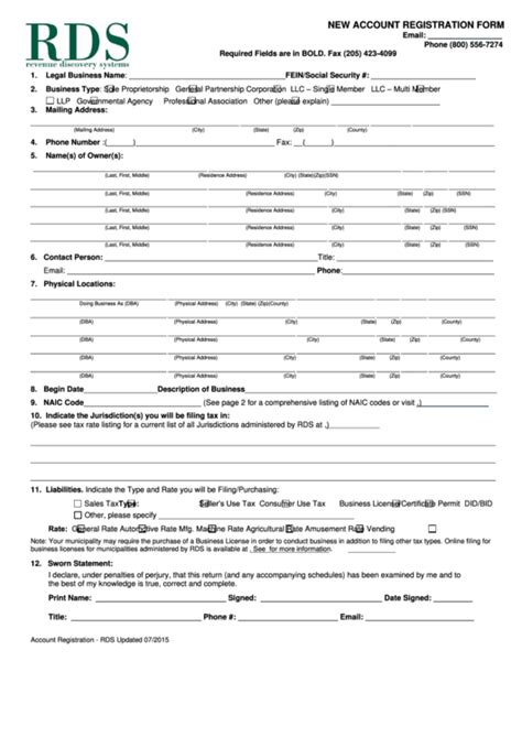 Fillable Rds New Account Registration Form Alabama Printable Pdf Download