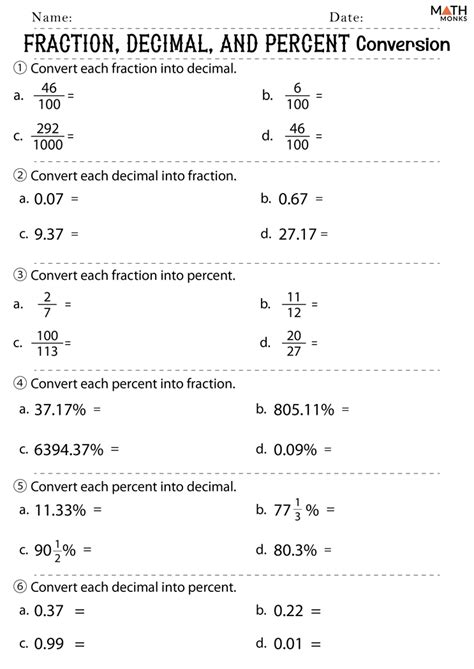 Fractions Percents And Decimals Worksheets