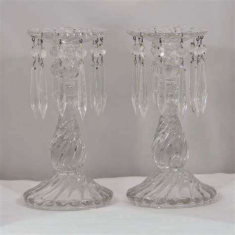 Fostoria Colony Pattern Pair Of Crystal Candlesticks With Hanging