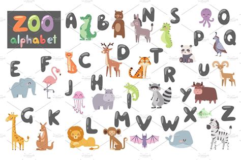 Cute Zoo English Alphabet With Cartoon Animals Isolated Free Template