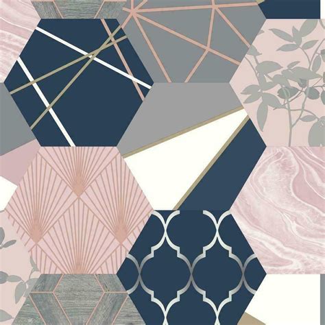 Rasch Geo Hexagon Geometric Patchwork Wallpaper Pink Blush Navy Grey