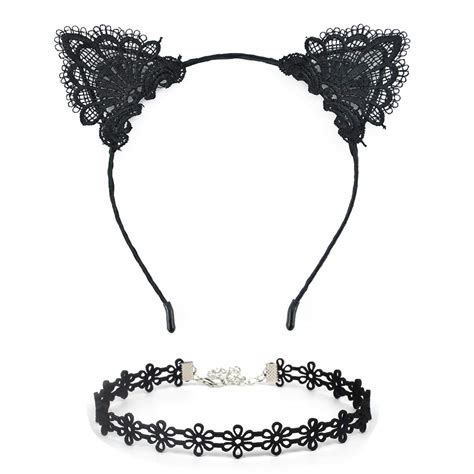 2pcs black sexy lace cat ear headbands and lace collar for birthday party t women