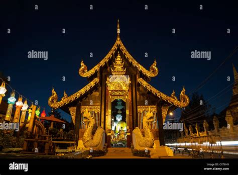 Teak Wood Temple At Night Chiang Mai Northern Thailand Thailand