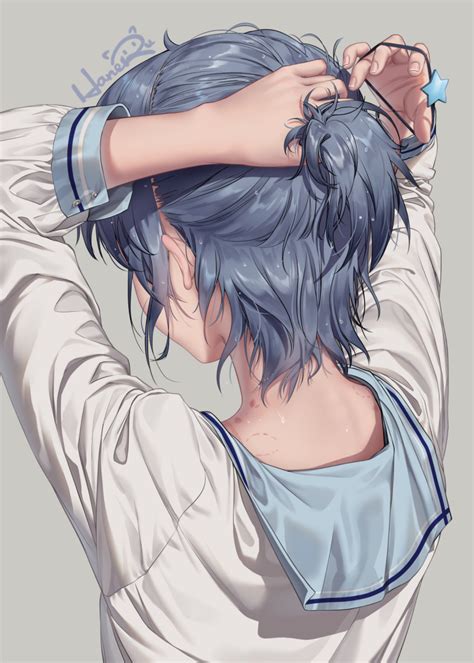 Safebooru 1girl Arms Up Bite Mark Blue Hair Blue Sailor Collar