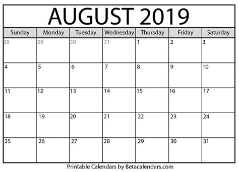 Blank August 2019 Calendar Printable Beta Calendars