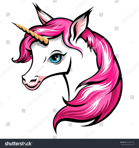 Head Of Cute White Unicorn With Pink Mane Isolated On White Stock