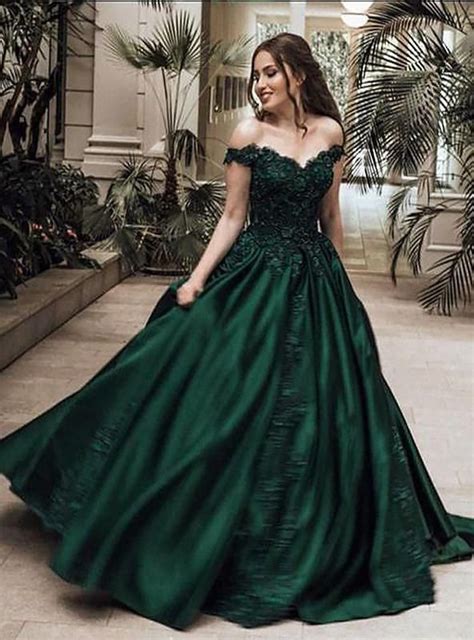 2022 Classic Satin Dark Green Off Shoulder Sweetheart Ball Gown Prom