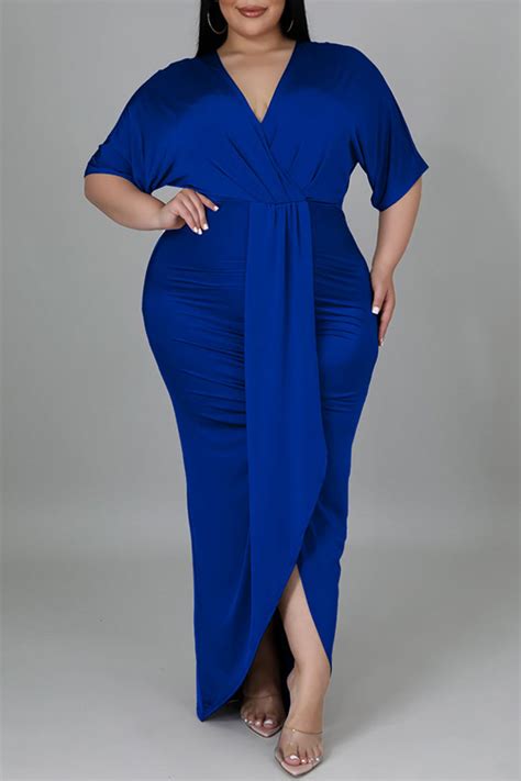 Blue Sexy Solid Patchwork Asymmetrical V Neck Straight Plus Size