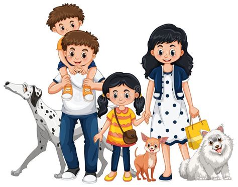 Familia Con Dos Niños Y Tres Perros Ilustración Del Vector