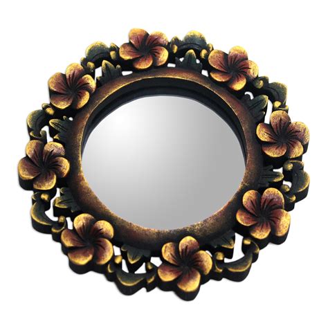 Round Floral Wall Mirror Hand Carved From Wood Plumeria Garland Novica