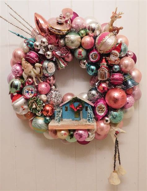 Vintage Christmas Ornament Ball Wreath With Retro Kitsch Putz Etsy