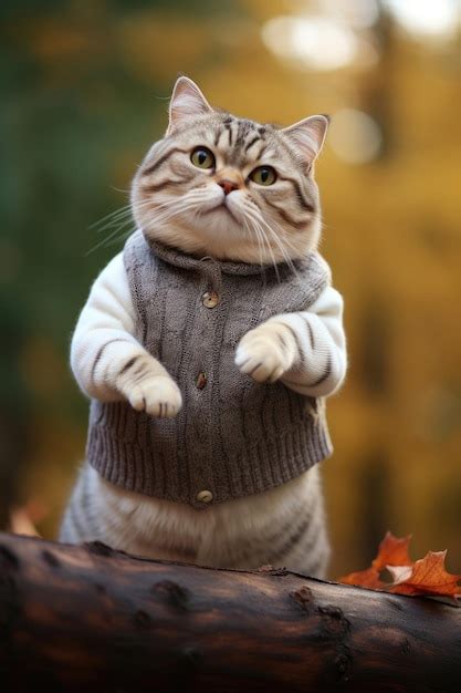 Premium Ai Image A Very Fat Cute Cat In A Sweater Stands On Its Hind Legs