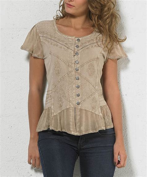Coline Beige Embroidered Button Up Top Plus Too Tops Womens Tops