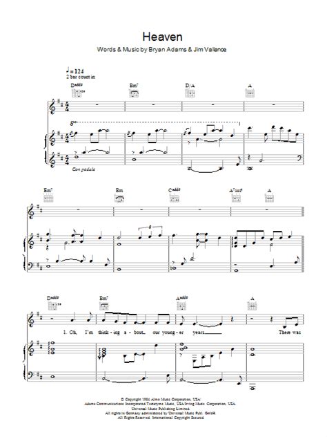 Heaven Sheet Music Bryan Adams Piano Vocal And Guitar Chords