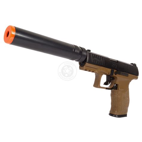 Umarex Licensed Airsoft Walther Ppq Spring Pistol W Suppressor Tan