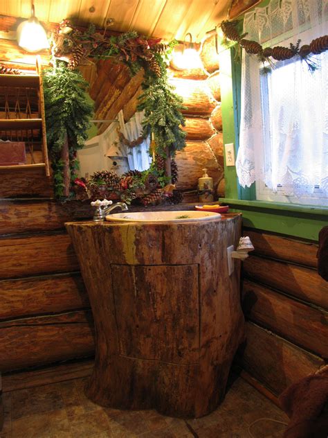 All of our log bathroom furniture is made in america and delivered curbside free of charge for all order above $139. Cool sink | Log cabin bathrooms, Cabin bathrooms, Log home ...