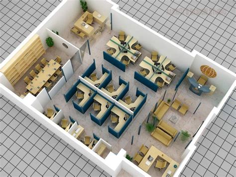 3d Office Layout Plan With Cubicle Meeting Room Reception And Lobby