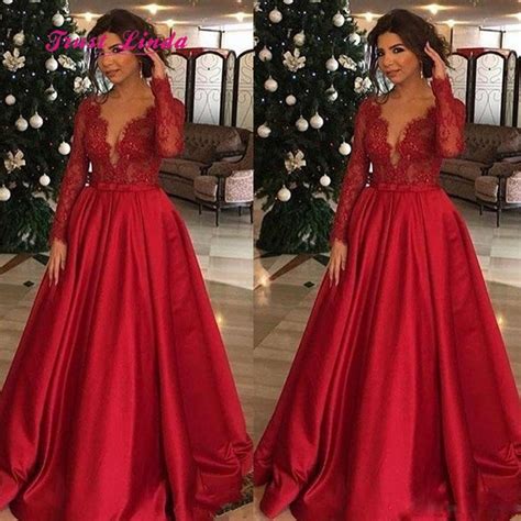 Elegant Long Sleeve Red Prom Dress Deep V Neck A Line Floor Length Plus