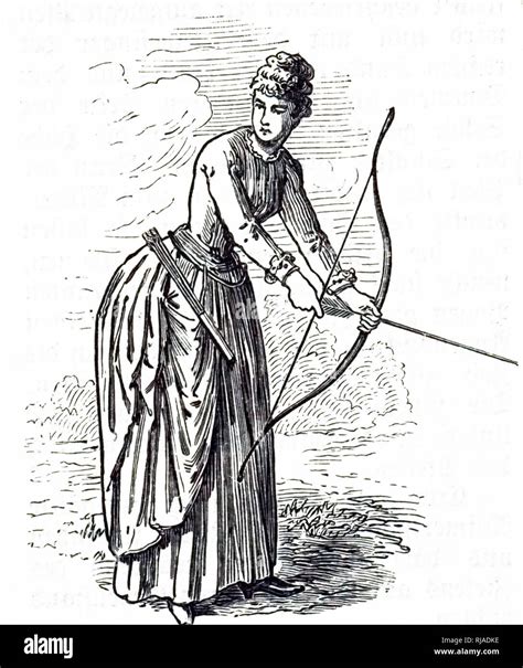 An Engraving Depicting A Female Archer Drawing Her Bow Dated 19th