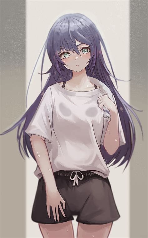 Safebooru 1girl Aqua Eyes Black Shorts Blue Hair Blush Casual