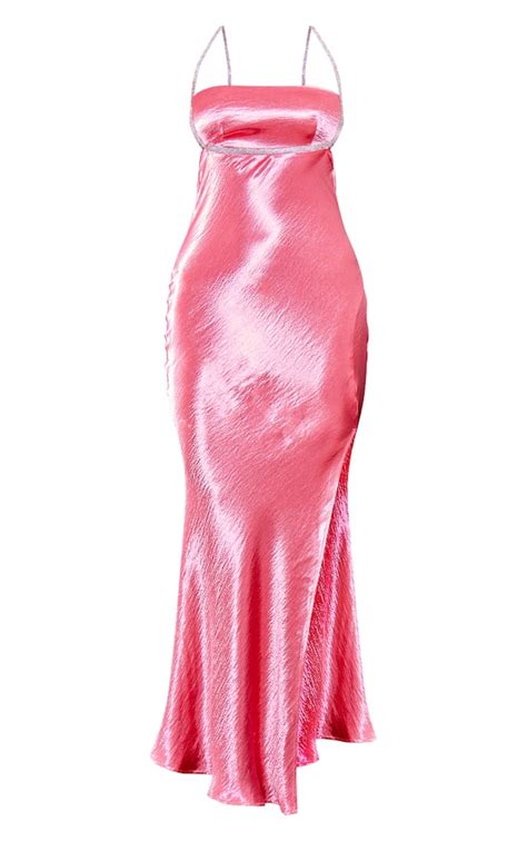 Pink Diamante Strap Halterneck Satin Maxi Dress Prettylittlething Aus