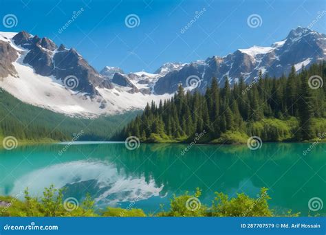 A Tranquil Mountain Lake Surrounded By Lush Green Forests And Snow