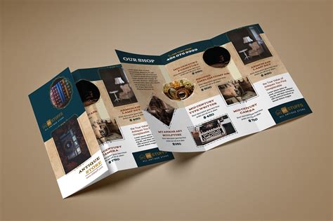 Showcase your designs in these blank mockups that are easy to edit. Antique Store Trifold Brochure Design. on Behance